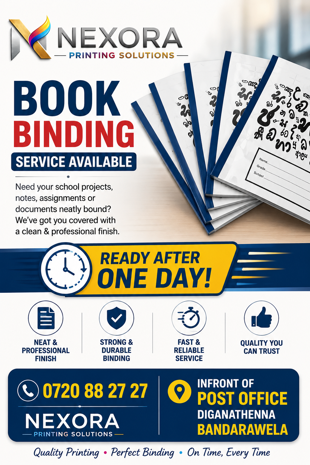 Book Binding – Bulk Orders

We provide high-quality book binding services for bulk orders at competitive prices. Whether you need binding for schools, universities, offices, training centers, printing companies, or corporate projects, we ensure durable finishes, professional presentation, and timely delivery. Available in multiple binding styles and custom specifications to meet your requirements.

✅ Bulk Order Discounts
✅ Fast Turnaround Time
✅ Durable & Professional Finish
✅ Custom Sizes & Binding Options
✅ Islandwide Delivery Available

Contact us today for a quotation and special bulk-order pricing.